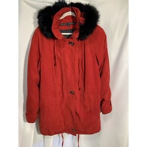Fleet Street women's parka style coat hooded (fox trimmed) red Lg toggle/zipper